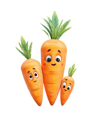 Three cartoon carrots with faces and green tops on black background vegetable food, Isolated On Black Background, Png Transparent Background, Cut Out