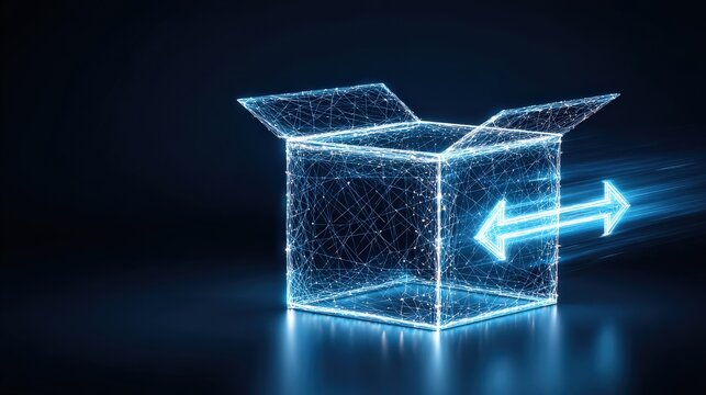 A glowing digital box symbolizes the concept of innovative thinking, with two arrows going to and from the box. ..Created with Generative AI, not depicting real subjects.