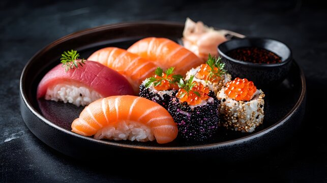 Assortment of fresh sushi and maki rolls on a dark plate.