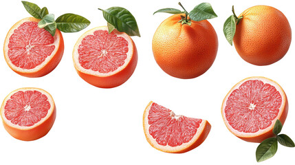 Grapefruit set with clipping path showcasing fresh slices PNG, isolated on transparent background.