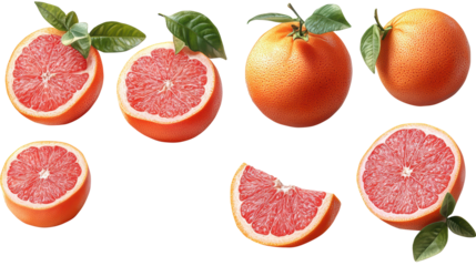 Grapefruit set with clipping path showcasing fresh slices PNG, isolated on transparent background.