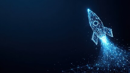 An artistic digital rendering of a luminous rocket launch, bursting upwards, with a trail of sparkling lights against a dark. ..Created with Generative AI, not depicting real subjects.