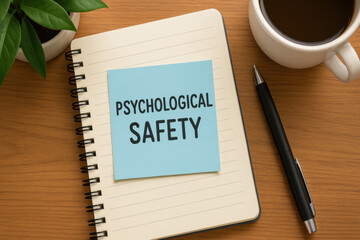 Blue sticky note with psychological safety message on notebook surrounded by pen coffee mug and indoor plant creating calm and focused workplace wellbeing theme