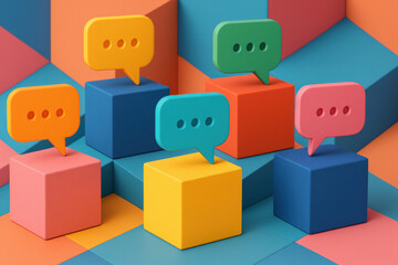 Obraz premium Colorful speech bubbles on geometric cubes represent creative communication and social media conversation concept with vibrant orange, blue, pink, yellow, and green tones