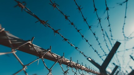 Barbed wire fence against a clear blue sky, symbolizing confinement and security.