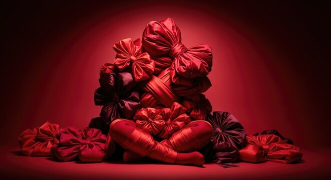 A mysterious figure sits in a meditative pose, completely covered by a pile of luxurious red gift bows and ribbons. - Powered by Adobe