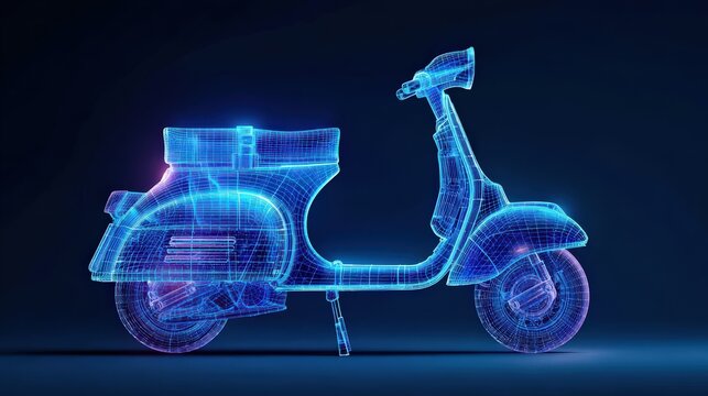 A futuristic blue wireframe design of a vintage scooter showcases technological innovation and transportation concept.  ..Created with Generative AI, not depicting real subjects.
