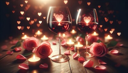 Romantic wine date with hearts: candles and rose petals. AI Generated, Generative AI