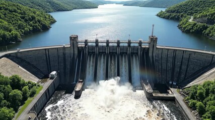 Aerial view of a hydroelectric dam releasing water surrounded by lush green hills and a serene river under a clear blue sky - Powered by Adobe