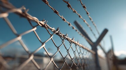 Barbed Wire Fence Against Blue Sky.