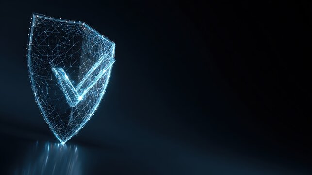 A digital shield, crafted from a luminous web of interconnected lines, bears a glowing check mark at its heart. ..Created with Generative AI, not depicting real subjects.