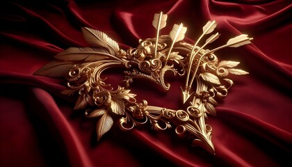 Luxury golden heart decoration with arrows on red silk. AI Generated, Generative AI