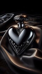Luxury black heart perfume bottle with silver carvings. AI Generated, Generative AI