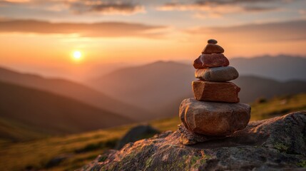A serene mountain landscape at sunset showcases a stack of carefully balanced stones. The sun sets in the background illuminating the peaks and creating a peaceful atmosphere.