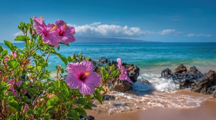 Bright pink hibiscus flowers bloom near the shoreline with gentle ocean waves lapping at the sandy beach under a clear sky. The scene captures the serenity of a Hawaiian sunset.