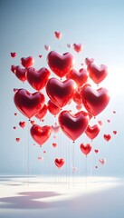 Red and pink heart balloons floating in sky. AI Generated, Generative AI