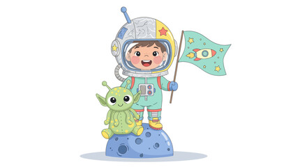 Whimsical Child Astronaut with Alien Companion Celebrating Cosmic Adventure