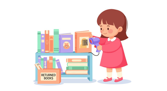 Adorable young girl organizing books on a colorful bookshelf in a cozy - Powered by Adobe