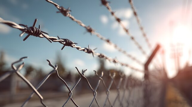 Barbed Wire Fence with Chain Link and Sunlight. - Powered by Adobe