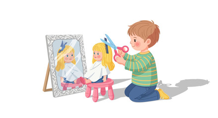 Child Cutting Hair of Play Doll in Front of Mirror Creating a Fun and