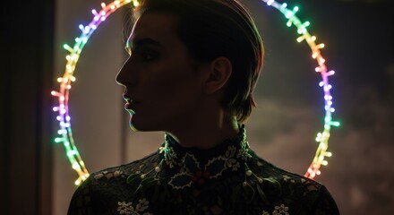 A person in profile with a halo of rainbow-colored lights behind their head, creating a modern and artistic portrait.