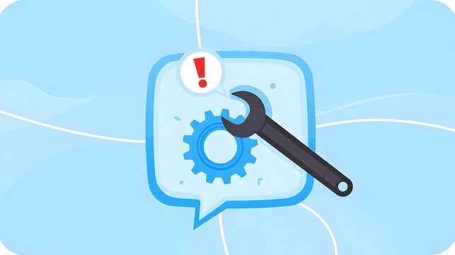 Urgent technical support fixing problem gear with wrench in speech bubble, ideal for IT solutions and repair service promotion, software maintenance