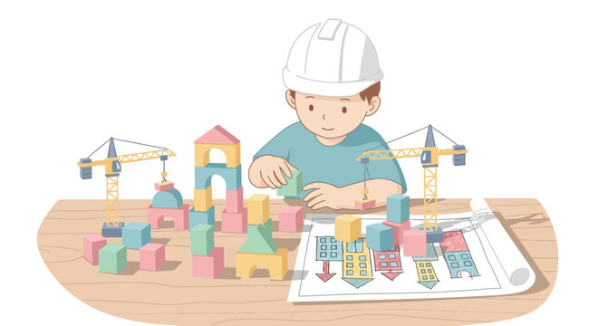 Child Engaged in Creative Architectural Building Activity with Blocks and