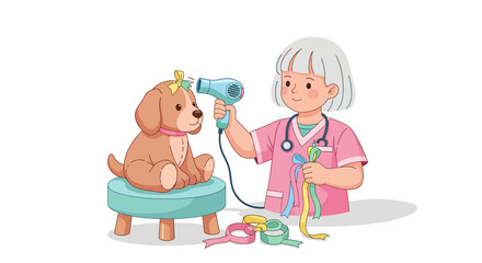 Fototapeta premium Pediatric Veterinary Care Scene Featuring a Girl Vet and a Brown Puppy