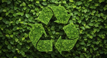 Green recycle symbol made of leaves on a background of foliage