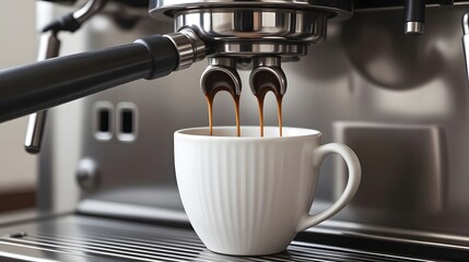 Fresh espresso pouring into a white mug for a perfect morning, a delicious caffeine boost, ideal for cafes, restaurants, or a cozy home kitchen setup