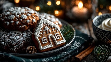 A warm holiday flatlay showcasing gingerbread cookies, cinnamon, pine leaves, and festive ornaments on a rustic surface