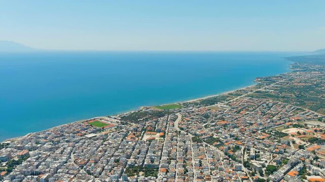 Alexandroupolis, Greece. Panorama of the central part of the city in summer. Coast of the Thracian Sea. Drone footage
