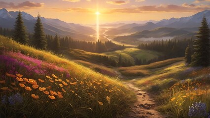 Mountain sunrise and sunset over a peaceful forest landscape