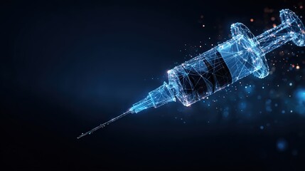 A futuristic digital syringe, composed of intricate interconnected points and lines, against a deep blue backdrop. ..Created with Generative AI, not depicting real subjects.