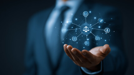Legal advisor holding global network and legal technology tools, e-discovery automation contracts, and compliance documentation AI case management lawtech systems workflow analysis.