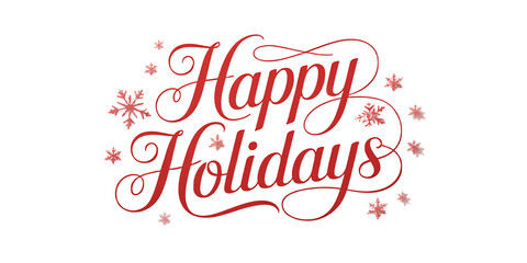 Elegant script lettering spelling happy holidays with festive floral accents and glitter on a black background