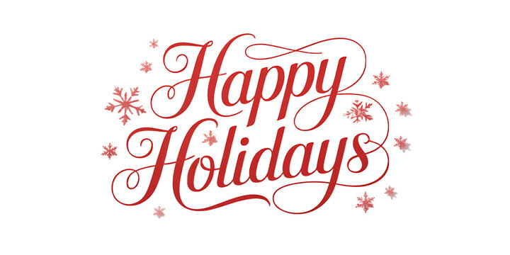 Elegant script lettering spelling happy holidays with festive floral accents and glitter on a black background