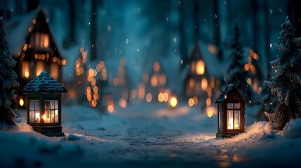 A winter forest landscape glowing with warm festive lighting against a snowy night backdrop