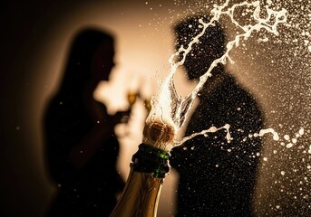 A champagne bottle pops open, spraying foam with a silhouetted couple celebrating in the background.