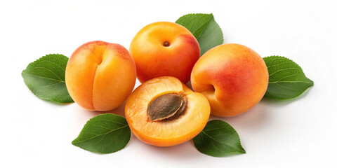 Ripe juicy apricots, some whole and one cut to reveal its pit, arranged with green leaves, cleanly isolated on a transparent PNG.