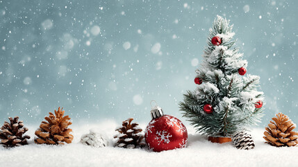 Merry Christmas and Happy New Year - Christmas greeting card - Xmas tree and row of balls and pine cones in snow landscape - Banner, header, panorama