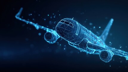 A futuristic plane with a digital aesthetic soars through the digital universe. The glowing lines form a complex structure. ..Created with Generative AI, not depicting real subjects.