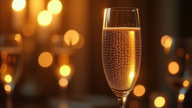 Champagne flute with bubbles in warm bokeh lighting - Powered by Adobe