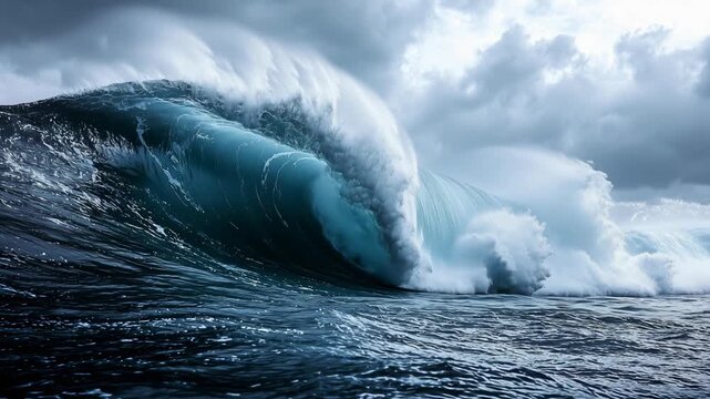 Powerful ocean waves crash against the shore under a dramatic sky at dusk near a coastal region