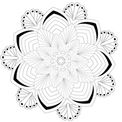 Black and white line art mandala with detailed geometric and floral petal shapes intricate