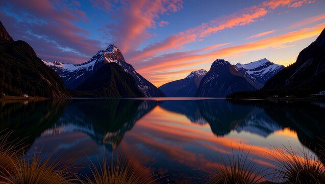 Sunset reflection on mountain lake with snowcapped peaks