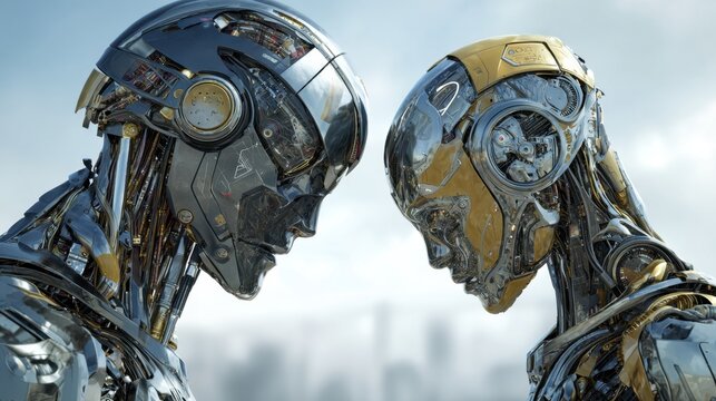 Two highly detailed robots are positioned close together showcasing their advanced features and mechanical designs. They stand against a backdrop of a bustling city during the day.