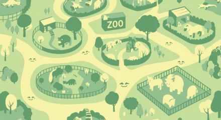 Fototapeten Zoo Isometric Zoo Scene with Various Animal Enclosures and Visitors.  © Vektor