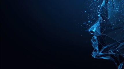 A futuristic digital face profile is depicted with geometric, crystal-like structures against a dark, evolving background. ..Created with Generative AI, not depicting real subjects.