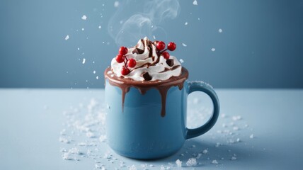 Cozy steaming hot chocolate mug with whipped cream and berries